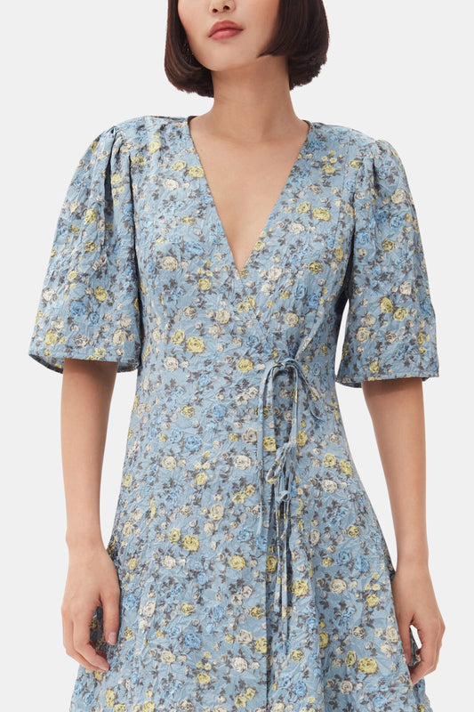 GANNI Signature | Blue Floral Printed Crinkled Satin Mini Wrap Dress
