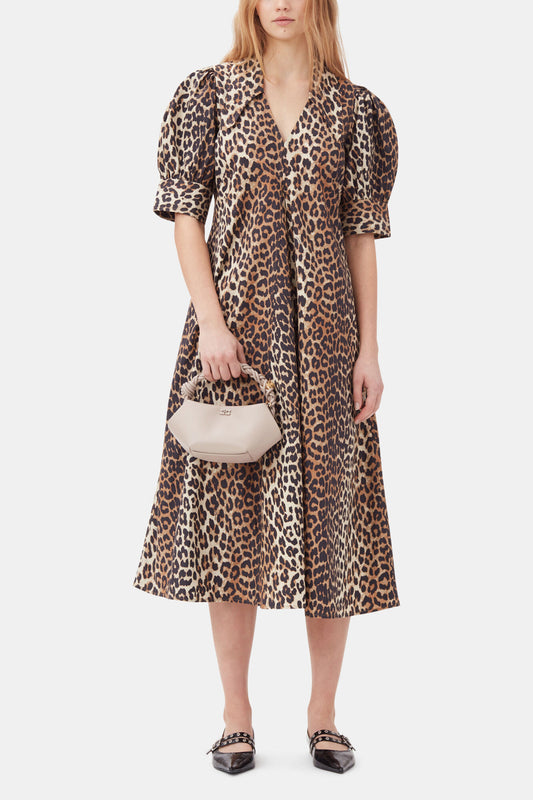 GANNI New | Leopard Cotton Poplin V-neck Maxi Dress