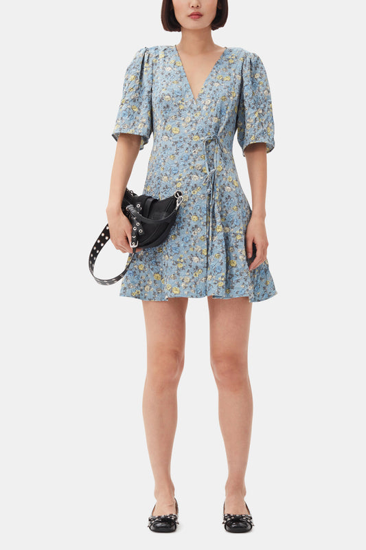 GANNI Signature | Blue Floral Printed Crinkled Satin Mini Wrap Dress